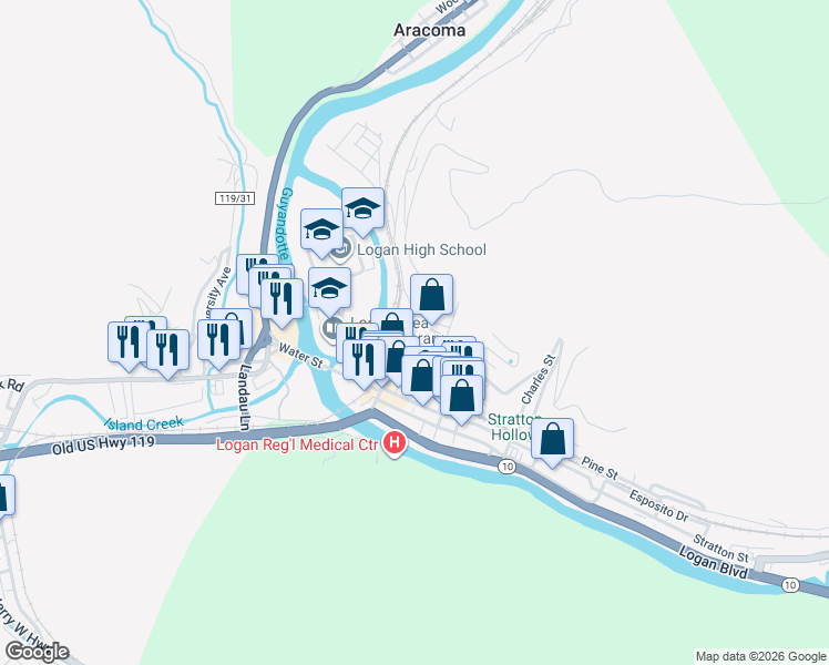 map of restaurants, bars, coffee shops, grocery stores, and more near 414 Dingess Street in Logan