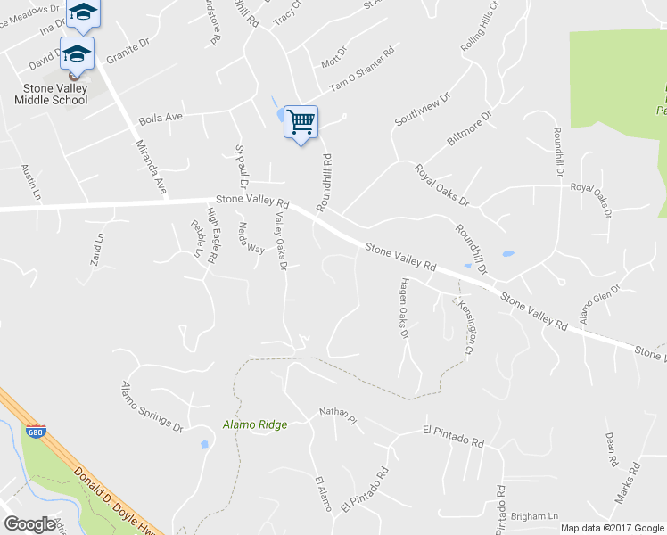 map of restaurants, bars, coffee shops, grocery stores, and more near 45 Copenhagen Court in Alamo