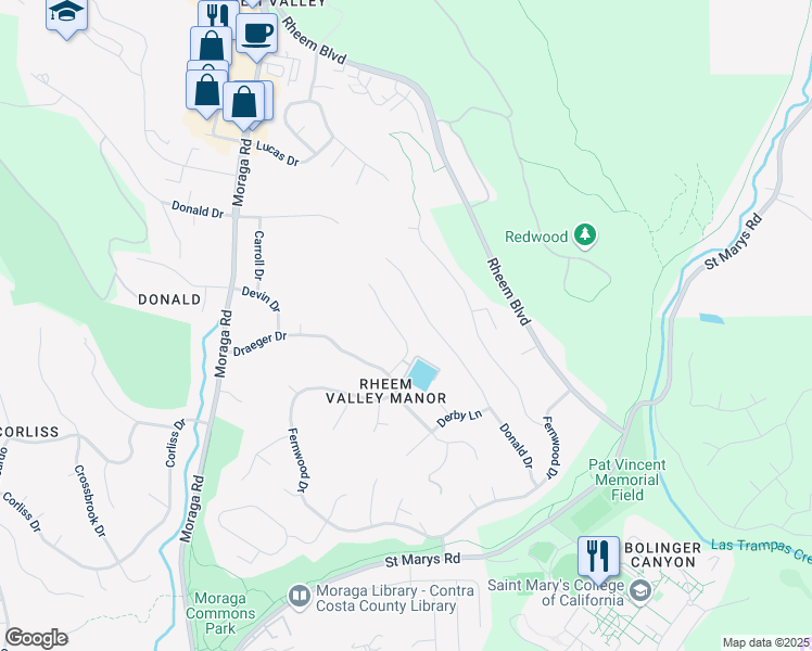 map of restaurants, bars, coffee shops, grocery stores, and more near 303 Claudia Court in Moraga