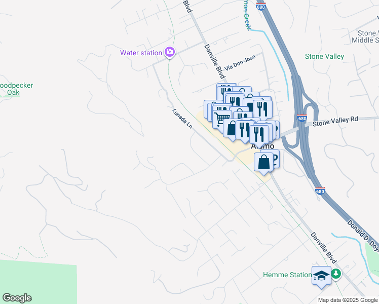 map of restaurants, bars, coffee shops, grocery stores, and more near 3139 Vía Larga in Alamo