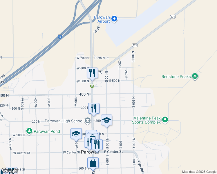 map of restaurants, bars, coffee shops, grocery stores, and more near 440 North 100 East in Parowan
