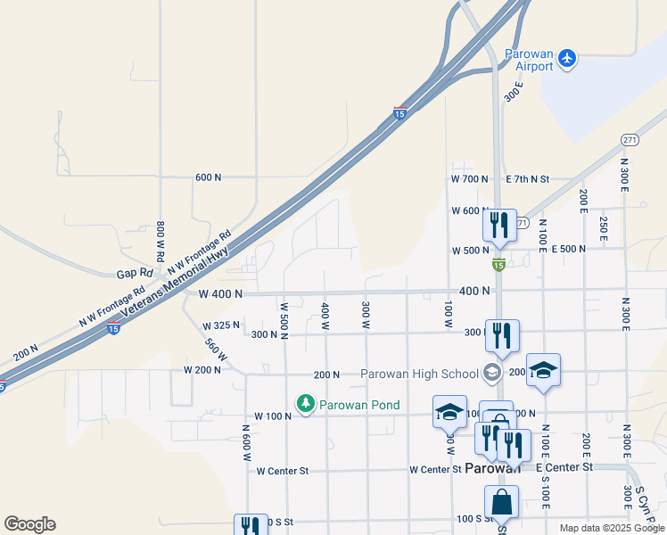 map of restaurants, bars, coffee shops, grocery stores, and more near 446 North 400 West in Parowan