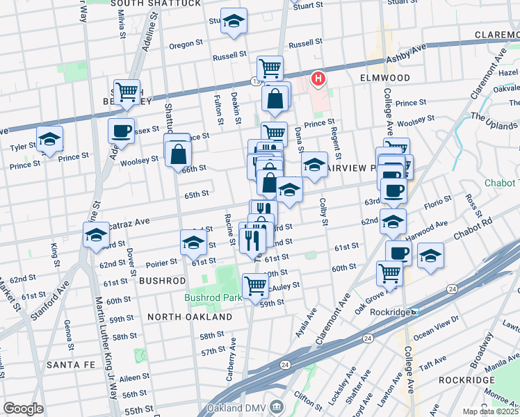 map of restaurants, bars, coffee shops, grocery stores, and more near 6344 Telegraph Avenue in Oakland