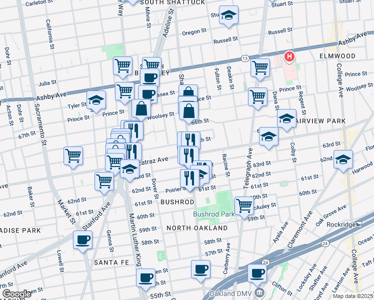 map of restaurants, bars, coffee shops, grocery stores, and more near 726 Alcatraz Avenue in Oakland