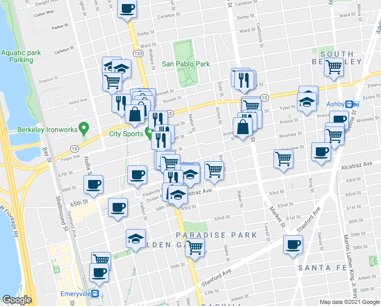 map of restaurants, bars, coffee shops, grocery stores, and more near 1215 66th Street in Berkeley