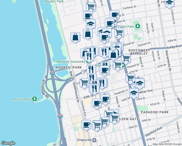 map of restaurants, bars, coffee shops, grocery stores, and more near 3045 Hollis Street in Berkeley