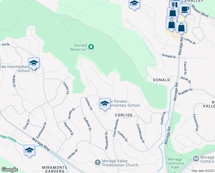 map of restaurants, bars, coffee shops, grocery stores, and more near 15 Ashbrook Place in Moraga