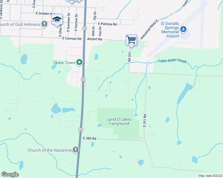 map of restaurants, bars, coffee shops, grocery stores, and more near 3249 State Highway 32 in El Dorado Springs