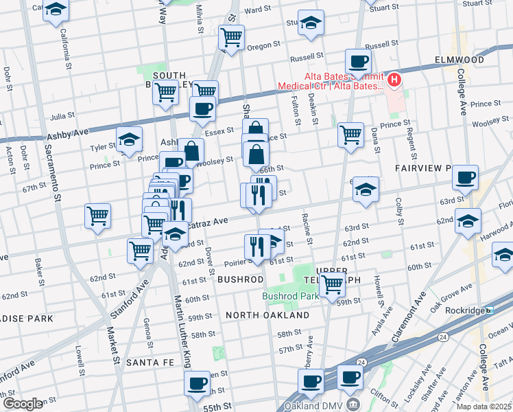map of restaurants, bars, coffee shops, grocery stores, and more near 726 Alcatraz Avenue in Oakland