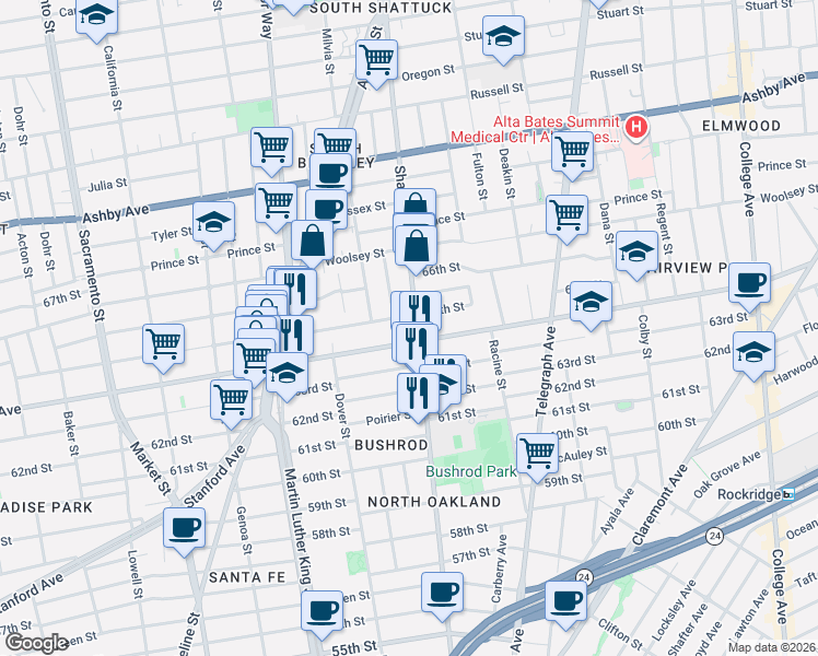 map of restaurants, bars, coffee shops, grocery stores, and more near in Oakland