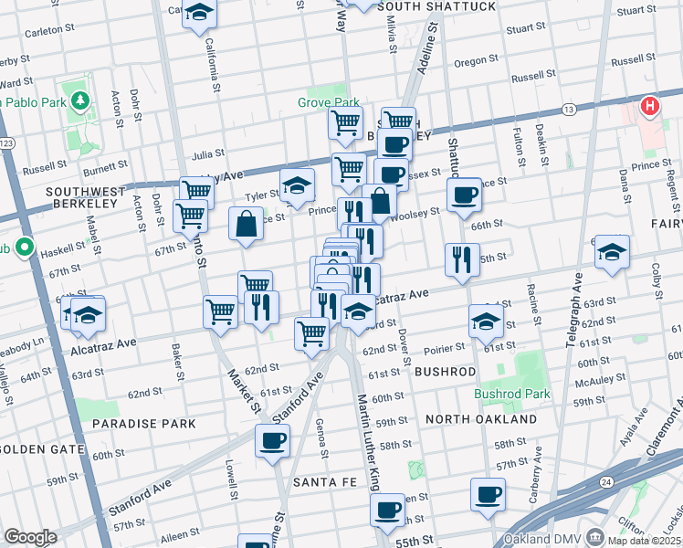 map of restaurants, bars, coffee shops, grocery stores, and more near 3255 Adeline Street in Berkeley