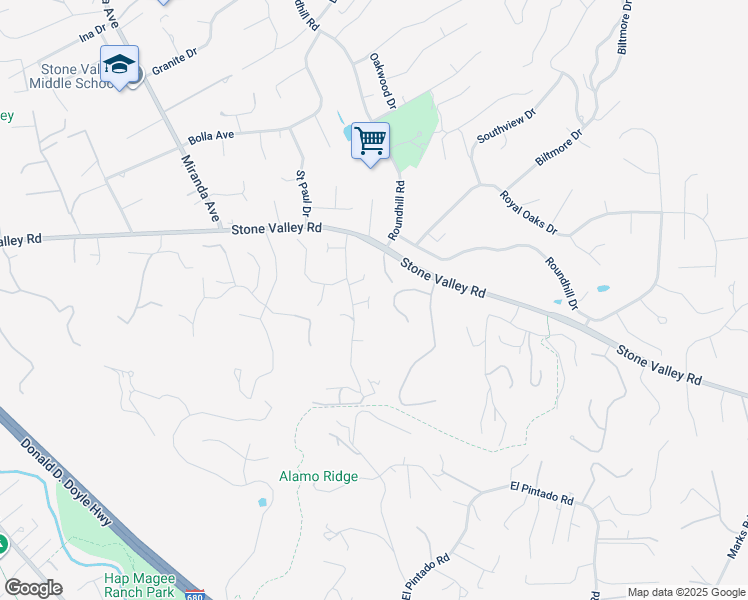 map of restaurants, bars, coffee shops, grocery stores, and more near 143 Valley Oaks Drive in Alamo