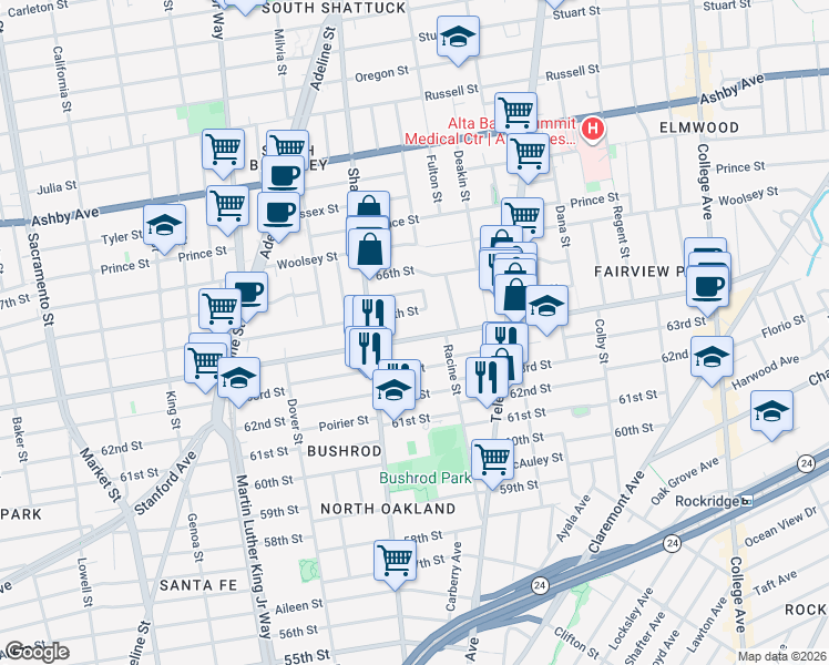 map of restaurants, bars, coffee shops, grocery stores, and more near 650 Alcatraz Avenue in Oakland