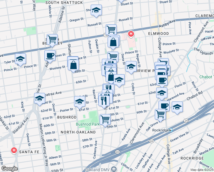 map of restaurants, bars, coffee shops, grocery stores, and more near 6344 Telegraph Avenue in Oakland