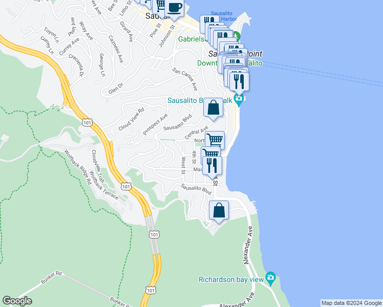 map of restaurants, bars, coffee shops, grocery stores, and more near 301 4th Street in Sausalito