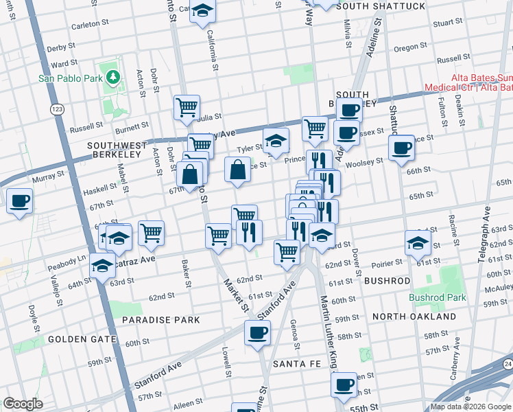 map of restaurants, bars, coffee shops, grocery stores, and more near 1628 Fairview Street in Berkeley