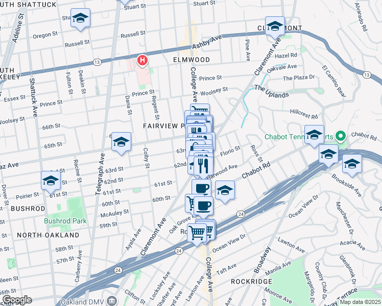 map of restaurants, bars, coffee shops, grocery stores, and more near 6201 College Avenue in Oakland