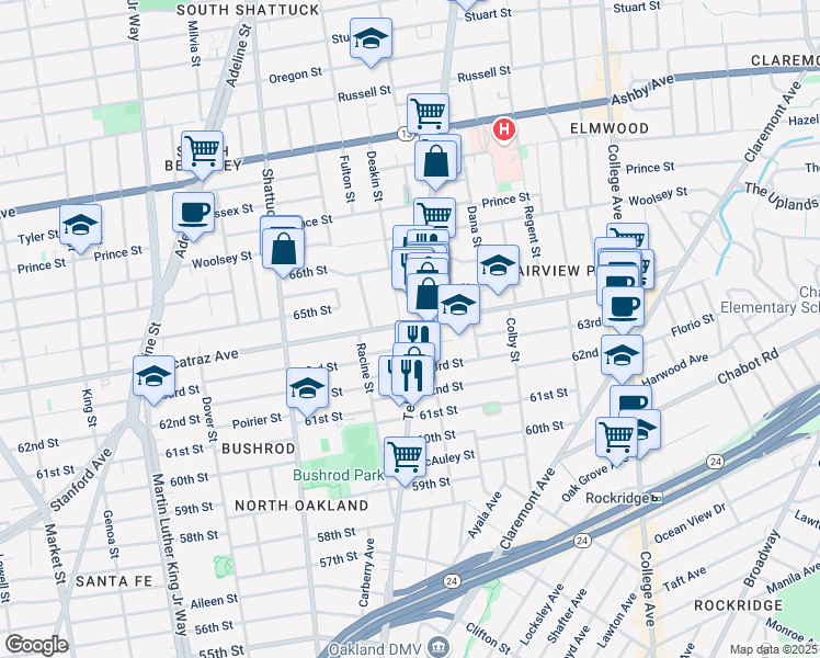 map of restaurants, bars, coffee shops, grocery stores, and more near 6344 Telegraph Avenue in Oakland