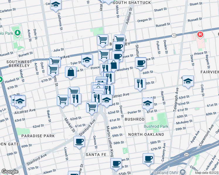 map of restaurants, bars, coffee shops, grocery stores, and more near 3255 Adeline Street in Berkeley