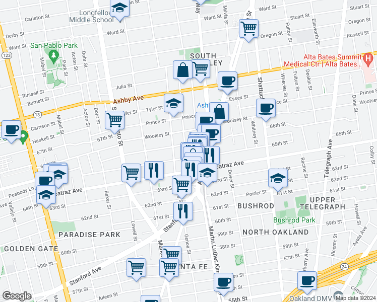 map of restaurants, bars, coffee shops, grocery stores, and more near 1800 Harmon Street in Berkeley