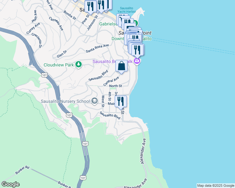 map of restaurants, bars, coffee shops, grocery stores, and more near in Sausalito