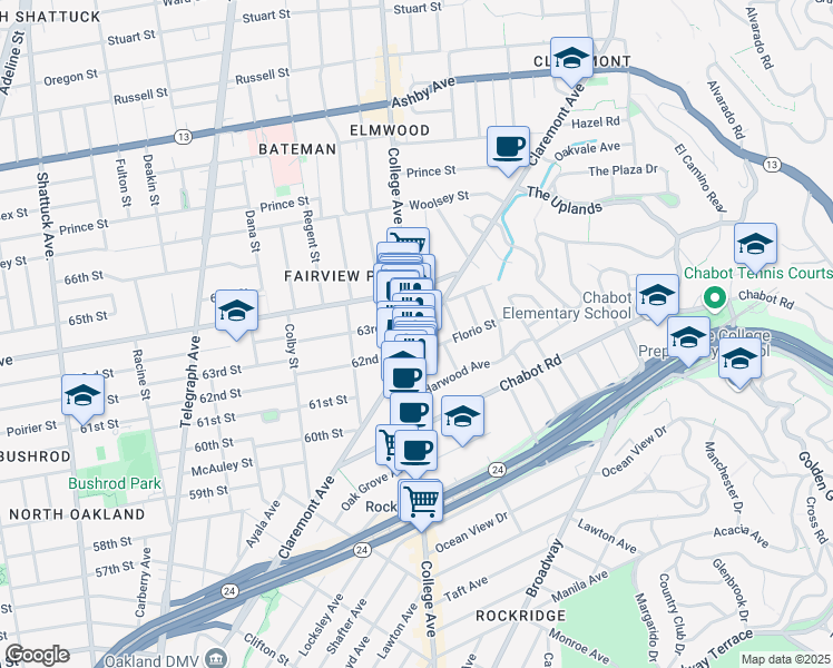 map of restaurants, bars, coffee shops, grocery stores, and more near 6201 Claremont Avenue in Oakland