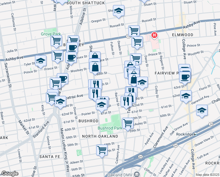 map of restaurants, bars, coffee shops, grocery stores, and more near 642 Alcatraz Avenue in Oakland