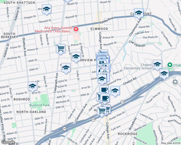 map of restaurants, bars, coffee shops, grocery stores, and more near 63rd Street in Oakland