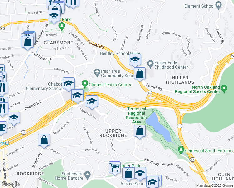 map of restaurants, bars, coffee shops, grocery stores, and more near 7133 Chabot Road in Oakland