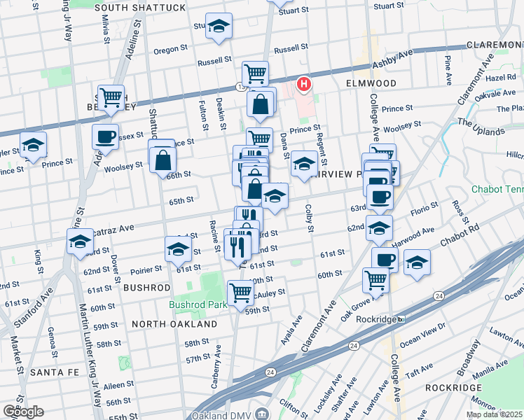 map of restaurants, bars, coffee shops, grocery stores, and more near 475 Alcatraz Avenue in Oakland
