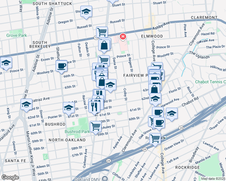 map of restaurants, bars, coffee shops, grocery stores, and more near 460 63rd Street in Oakland