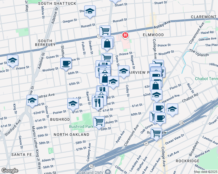 map of restaurants, bars, coffee shops, grocery stores, and more near 460 63rd Street in Oakland