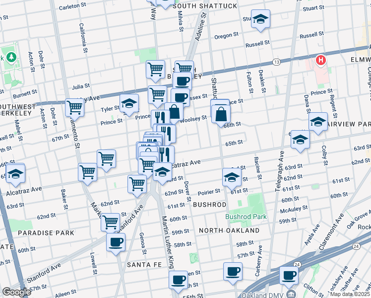map of restaurants, bars, coffee shops, grocery stores, and more near 1902 Harmon Street in Berkeley