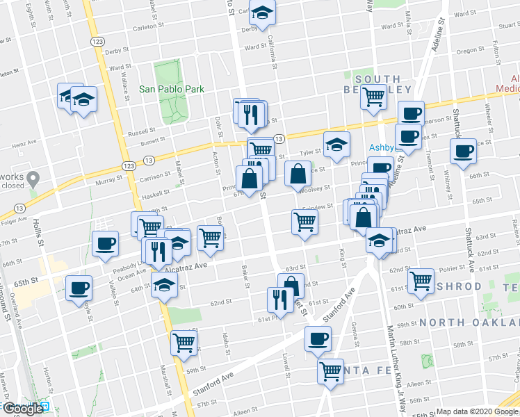 map of restaurants, bars, coffee shops, grocery stores, and more near 3200 Sacramento Street in Berkeley