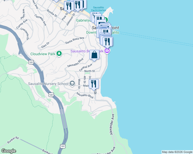 map of restaurants, bars, coffee shops, grocery stores, and more near in Sausalito