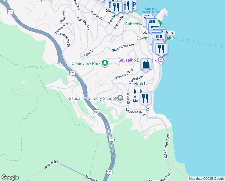 map of restaurants, bars, coffee shops, grocery stores, and more near 3 Lower Crescent Avenue in Sausalito