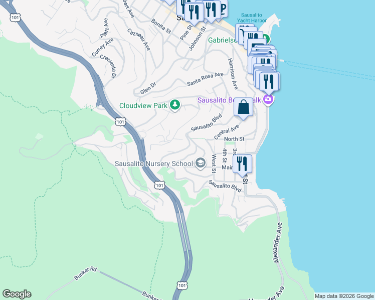 map of restaurants, bars, coffee shops, grocery stores, and more near 540 Sausalito Boulevard in Sausalito