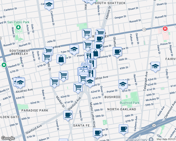 map of restaurants, bars, coffee shops, grocery stores, and more near 3224 Adeline Street in Berkeley
