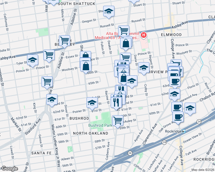 map of restaurants, bars, coffee shops, grocery stores, and more near 552 North Street in Oakland