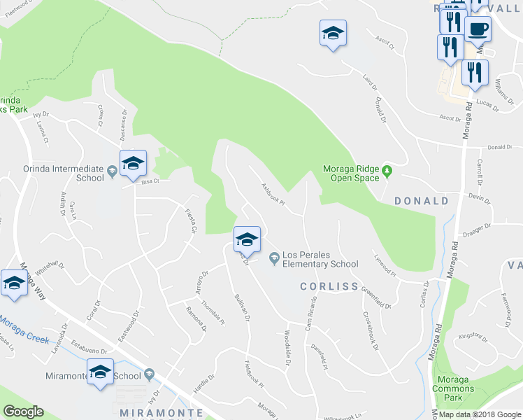 map of restaurants, bars, coffee shops, grocery stores, and more near 74 Warfield Drive in Moraga