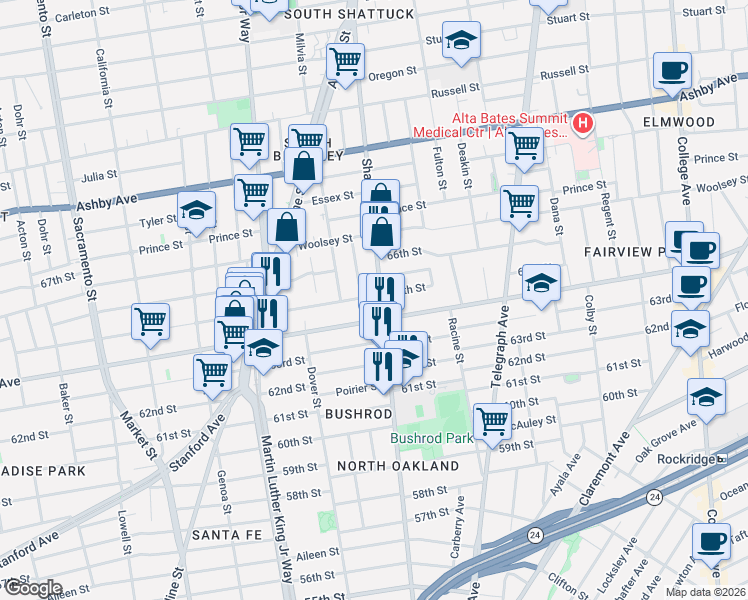 map of restaurants, bars, coffee shops, grocery stores, and more near in Oakland