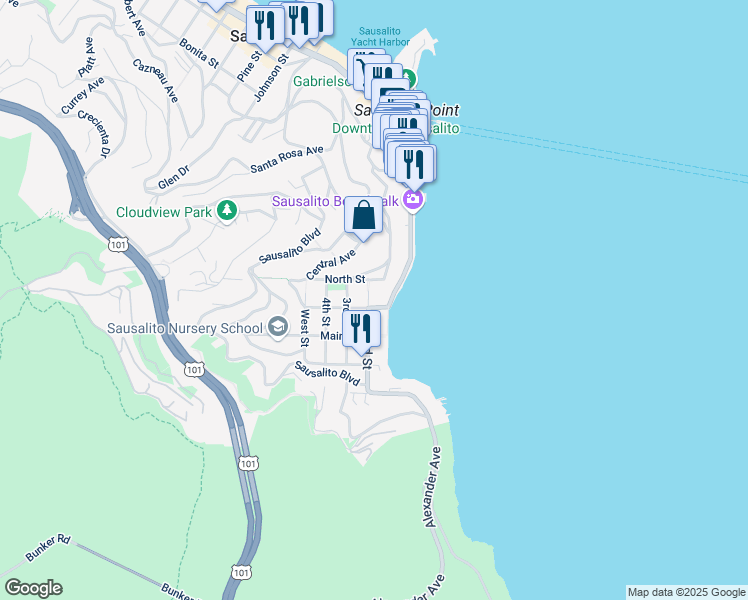 map of restaurants, bars, coffee shops, grocery stores, and more near 212 Richardson Street in Sausalito