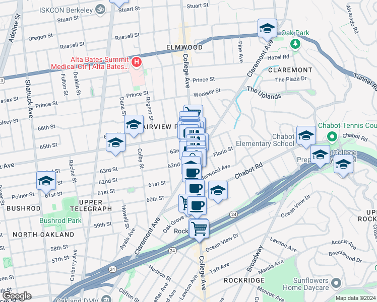 map of restaurants, bars, coffee shops, grocery stores, and more near 309 63rd Street in Oakland