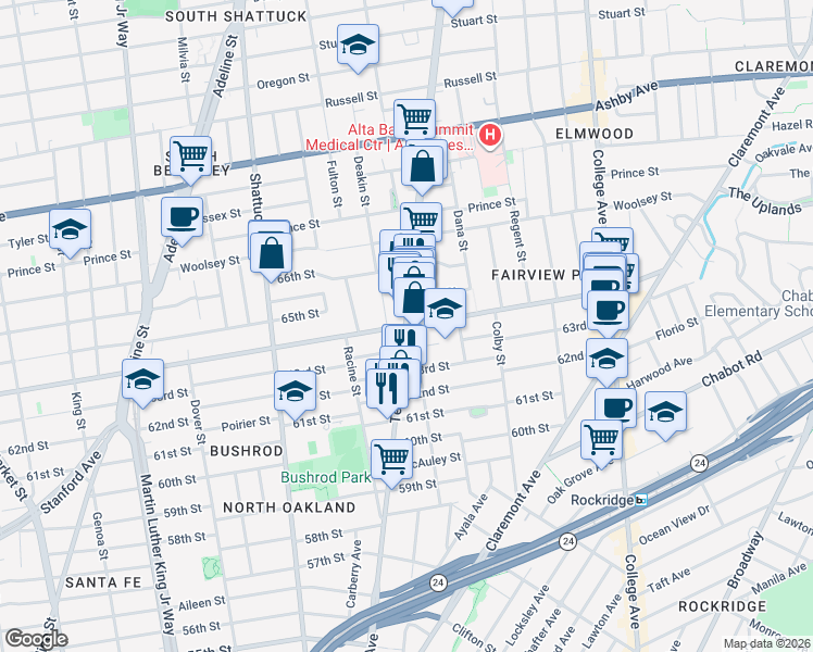 map of restaurants, bars, coffee shops, grocery stores, and more near Telegraph Ave & Alcatraz Ave in Oakland