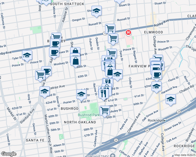 map of restaurants, bars, coffee shops, grocery stores, and more near 556 Alcatraz Avenue in Oakland