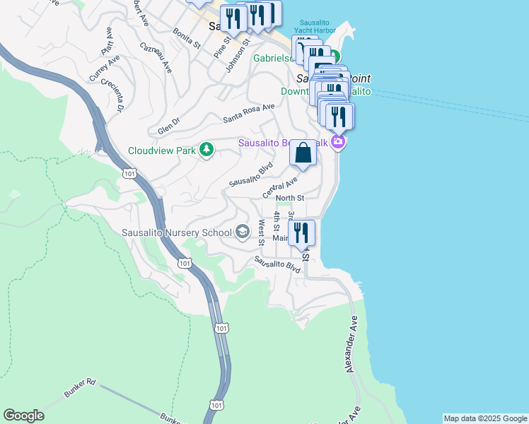 map of restaurants, bars, coffee shops, grocery stores, and more near 32 Lower Crescent Avenue in Sausalito