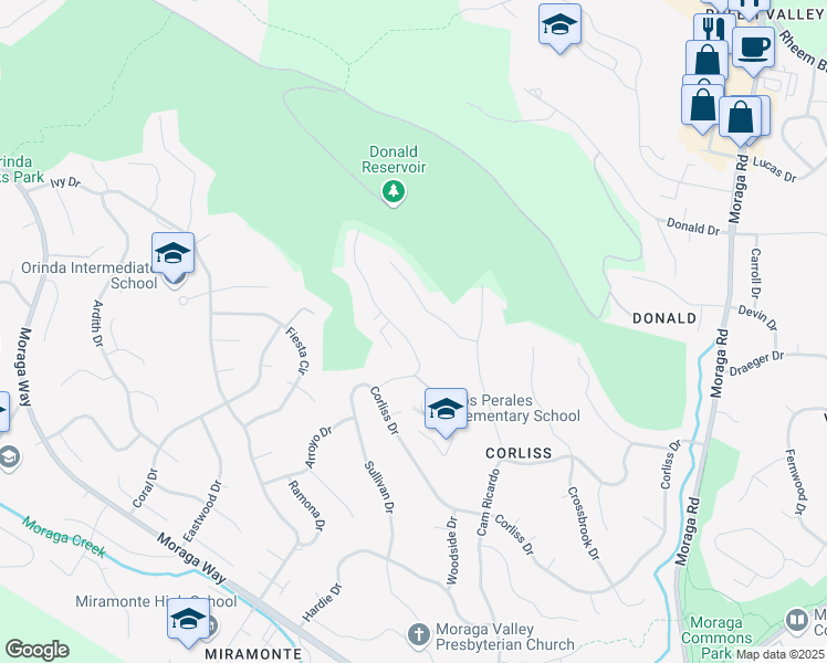 map of restaurants, bars, coffee shops, grocery stores, and more near 74 Warfield Drive in Moraga