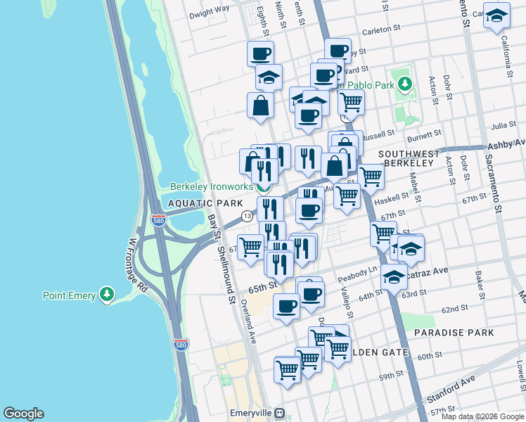 map of restaurants, bars, coffee shops, grocery stores, and more near 3045 Hollis Street in Berkeley