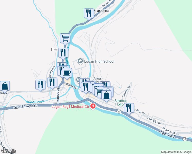 map of restaurants, bars, coffee shops, grocery stores, and more near 414 Dingess Street in Logan