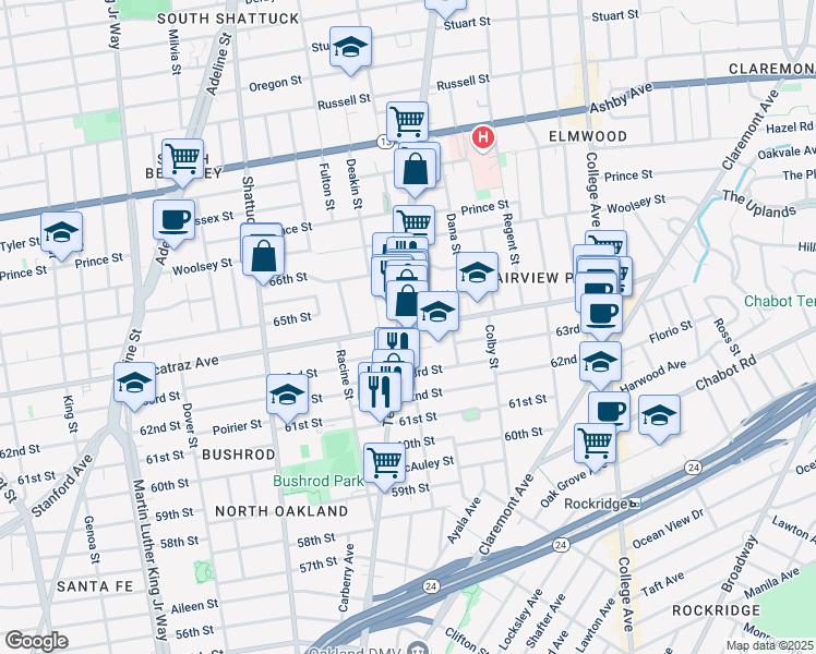 map of restaurants, bars, coffee shops, grocery stores, and more near 6344 Telegraph Avenue in Oakland